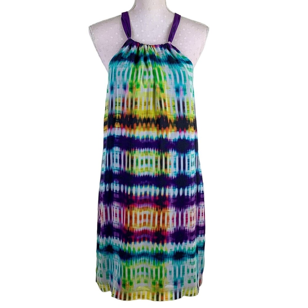 Trina Turk Silk Mini Dress Sz 6 Resort Tie Dye Y2K Halter‎ Maximalist Artsy Glam